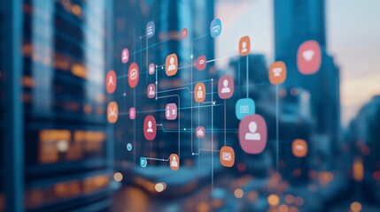 modern cityscape with interactive interface of smart city technology. futuristic urban innovation background