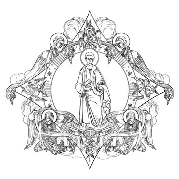 saint surrounded by angels, black and white clip art preview