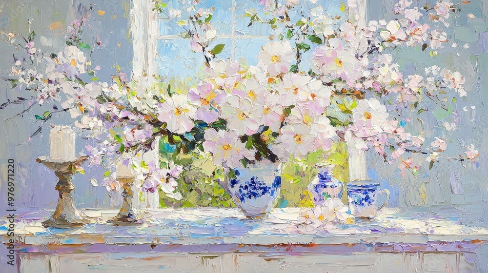 Canvas Prints Still Life Painting of White Flowers in Vase on Windowsill