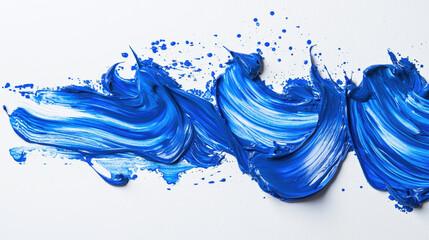 Strokes of blue oil paint in the form of ocean waves. Abstract textural strokes of blue ink on a white background. A backdrop for the design. The blue color of the wave and the drops of paint