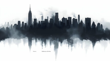 Obraz premium A silhouette of a city skyline with smoke coming from the buildings, reflected in water with a watercolor effect.