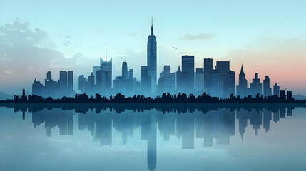 Obraz premium A silhouette of a city skyline with tall skyscrapers reflected in the water at sunrise.