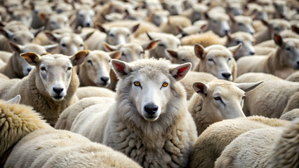 Fototapeta premium A wolf in sheep's clothing sneaking among a flock of sheep, deception, disguise, harmful, intentions, hidden, deceit, trickery