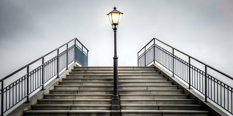 Obraz premium Metal stairway illuminated by lamp post against white sky background, metal, stairway, stairs, lamp post