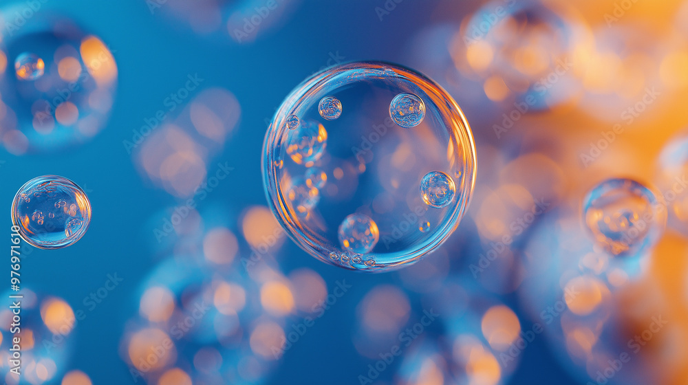 Poster abstract bubbles floating in a soft orange and teal bokeh background.