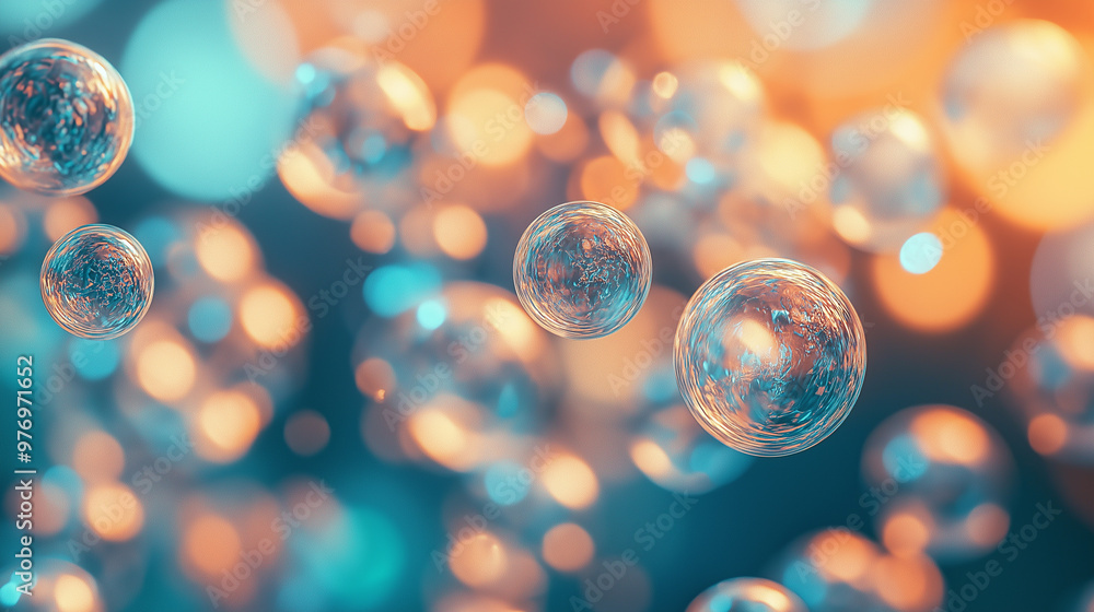 Poster abstract bubbles floating in a soft orange and teal bokeh background.