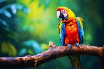 Obraz premium Vibrant parrot perched on a branch in a tropical rainforest, surrounded by lush greenery