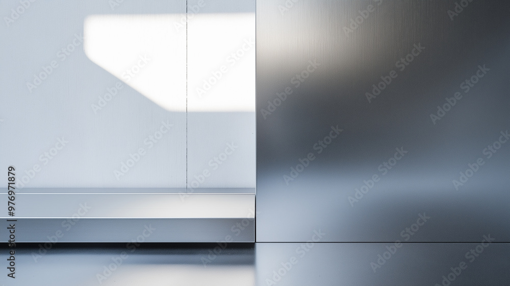 Poster minimalistic interior with clean lines and soft natural light casting shadows on a modern surface.