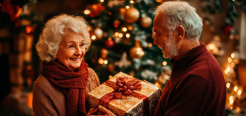 Elderly Couple Celebrating Christmas Together with Gift Exchange, Holiday Spirit