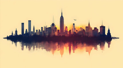 Fototapeta premium A silhouette of the New York City skyline with a sunrise or sunset behind it, reflected in the water.