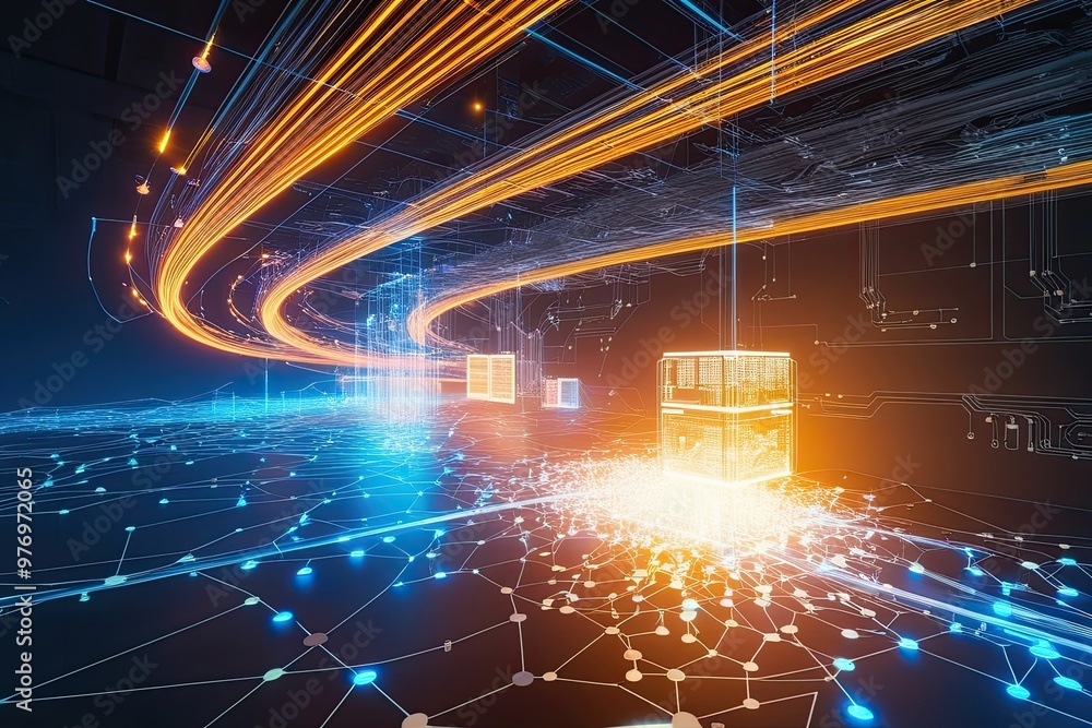 Poster innovative technology canvas featuring luminous fiber optic networks and quantum computing architect