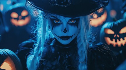 Spooky Halloween Woman in Witch Hat with Jack o Lantern Decor