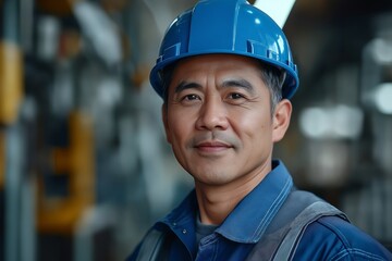 A man wearing a blue hard hat and safety glasses is smiling for the camera. He is a construction worker or a worker in a hazardous environment