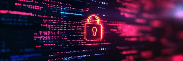 Digital Security Background Red Lock Icon on Code, Symbolizing Online Privacy and Data Protection