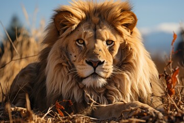 Fototapeta premium A regal lion resting on the savannah, its golden mane illuminated by the sun
