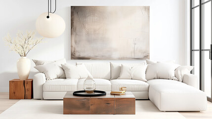 Modern living room with white sofa and elegant interior design featuring minimalist decor and natural light