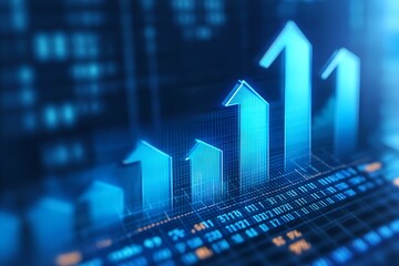 3d Blue growth graph business chart data diagram on success financial presentation background with abstract up arrow bar symbol or finance marketing price statistic and economy market 