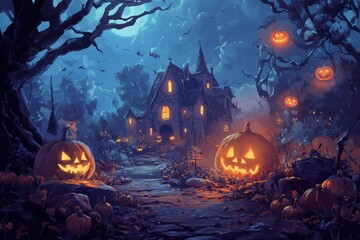 Fototapeta premium Halloween Scene with Pumpkins, Bats, and a Spooky Castle