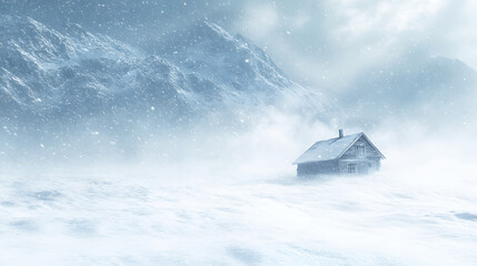 mountain cabin barely visible through the swirling snow and wind of a winter
