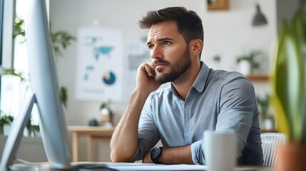 Thoughtful Man Working at a Desk in a Modern Office