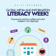 Global Media and Information Literacy Week 24 to 31 October. Media and information literacy week celebration banner with a building surrounded by media equipments. Mic, newspaper, speaker, antenna. 