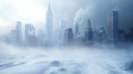 A snowy cityscape with tall buildings,  covered in fog and snow with a dramatic sky in the background.