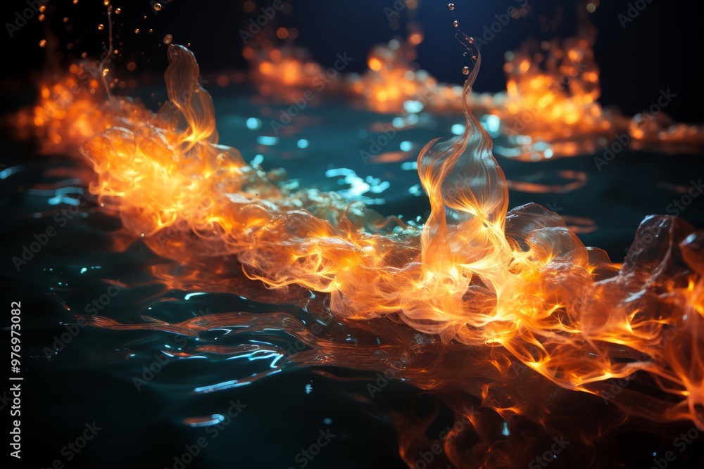 Poster bioluminescent plankton illuminating the ocean surface, creating a magical glow in the water