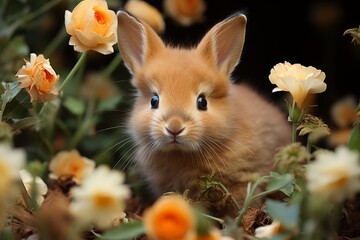 Fototapeta premium Baby rabbit sitting in a patch of flowers, its nose twitching and ears perked up