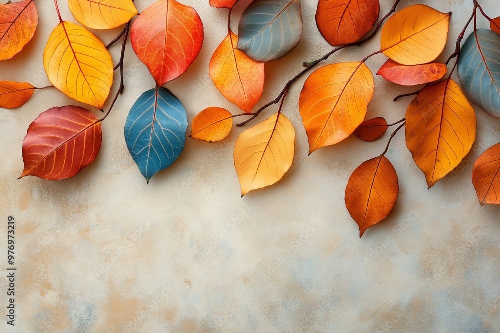 Poster a colorful leafy border with orange and blue leaves. the leaves are arranged in a way that they crea