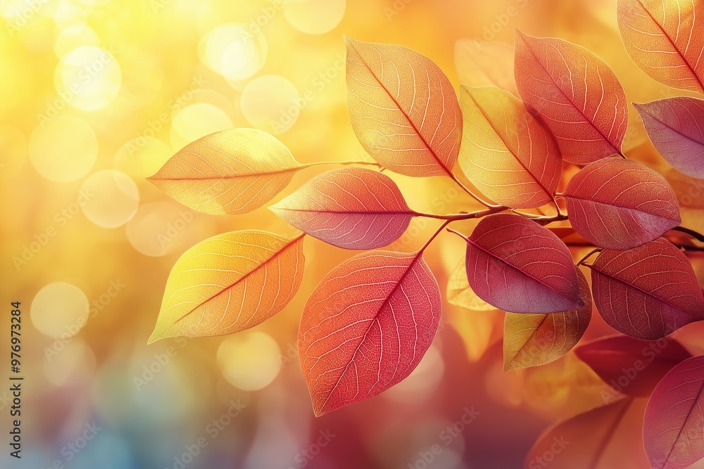 Poster a leafy tree branch with a yellow and red color. the leaves are shiny and have a glittery appearance