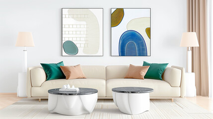 Sofa in modern living room with decorative pillows and stylish home decor