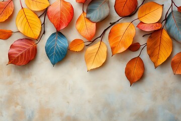 A colorful leafy border with orange and blue leaves. The leaves are arranged in a way that they create a sense of movement and flow. Scene is warm and inviting, evoking the feeling of autumn