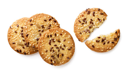 Cookies with flax seeds and broken in half on a white background. Top view