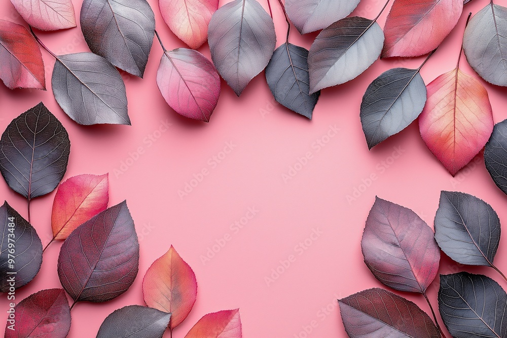 Poster a pink background with a frame of leaves. the leaves are in different colors and sizes. the frame is