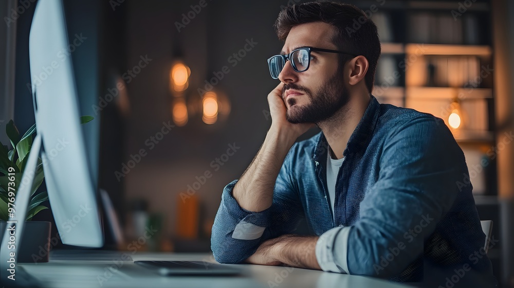 Poster a man in glasses pondering at a desk with a computer