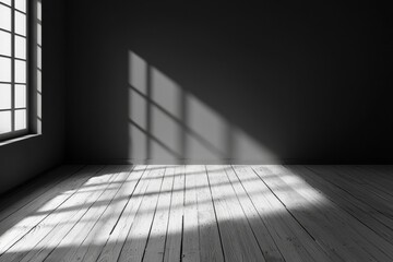 Old wooden floor under a sharp beam of light, shadow play in an empty room, high contrast black and white, minimalist setup, clean lines, subtle textures