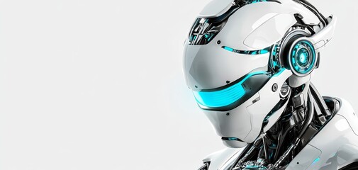 Render a futuristic humanoid robot in a CG 3D style with sleek metallic surfaces and glowing blue accents