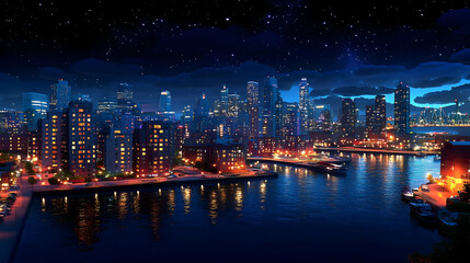 Obraz premium A stunning aerial view of a city skyline at night with a starry sky, reflecting in the water, with a few boats in the water and lights on in the buildings.