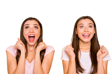 Close up photo cheerful student lucky enjoy incredible unexpected trip news aim luck raise fist...