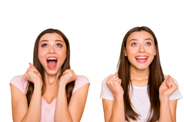 Close up photo cheerful student lucky enjoy incredible unexpected trip news aim luck raise fist isolated scream shout wait want expect dream desire long hair pastel outfit yellow background