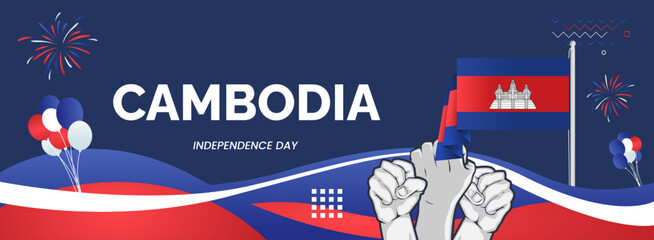 Cambodia National Day background with raised fist and abstract shapes in flag colors, blue, red and white. Creative templates for independence day greeting card, sporting event, and horizontal poster