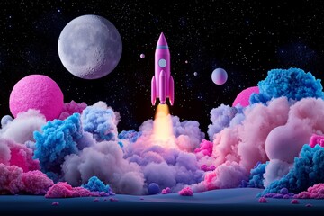 Retro rocket launching from an alien landscape, vibrant nebula and stars in the background, full moon overhead, colorful cosmic journey, vintage sci-fi aesthetic