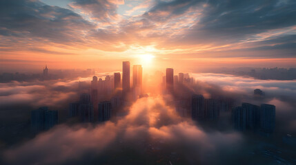 Fototapeta premium A stunning aerial view of a city skyline at sunrise, with the sun shining brightly through the clouds and illuminating the buildings.