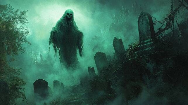 A ghost with a ghoulish grin, floating above a fog-covered graveyard with glowing tombstones and creeping vines.