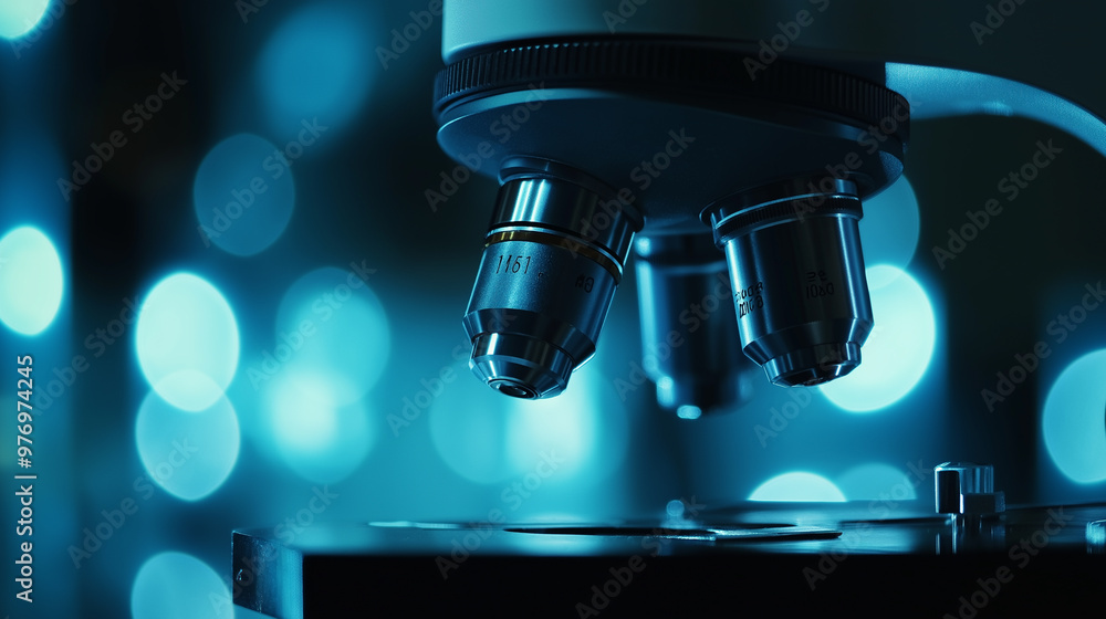 Poster a microscope with a glowing bokeh background, symbolizing science and precision research.