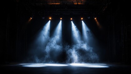 Three bright stage lights casting beams on a fog-filled floor, dramatic theater scene, industrial lighting rig visible above, ethereal and moody ambiance