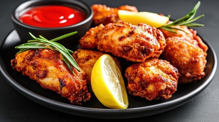 Fototapeta premium Crispy Fried Chicken Wings with Lemon and Rosemary on Black Plate