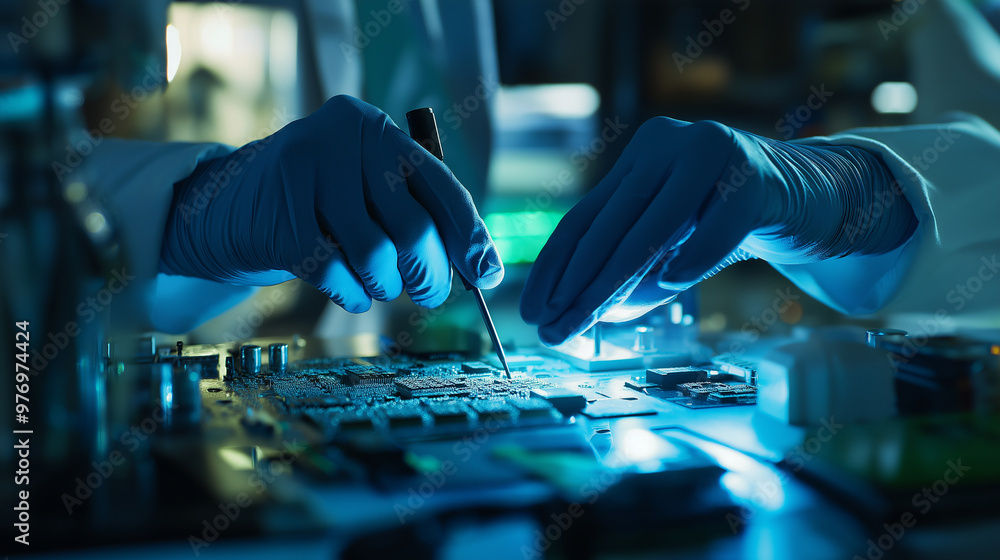 Poster close-up of gloved hands working on an electronic circuit board in a laboratory setting.