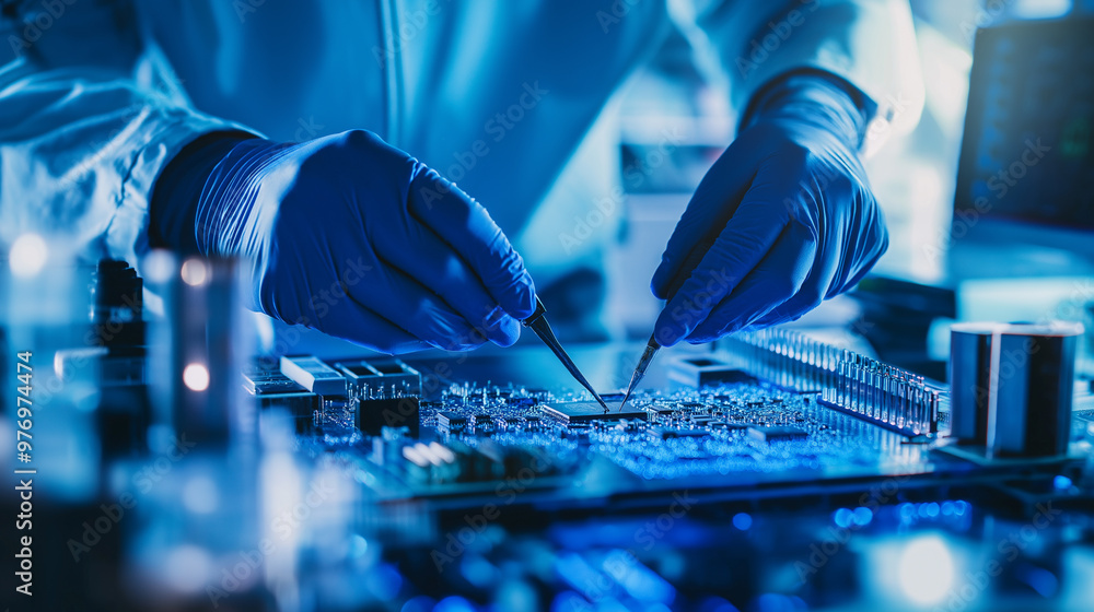 Poster close-up of gloved hands working on an electronic circuit board in a laboratory setting.