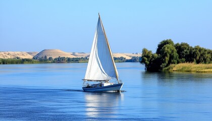 Serene Sailing on the Nile River Traditional sailboat journey through ancient Egyptian landscapes.